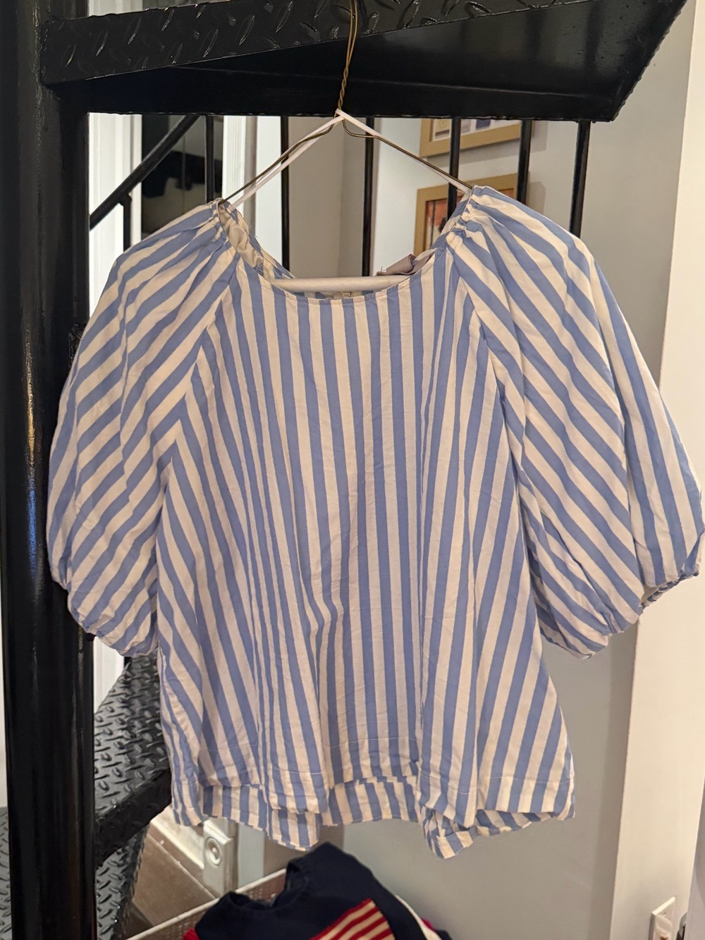 H&M Blue and White Striped Puff-Sleeve Top